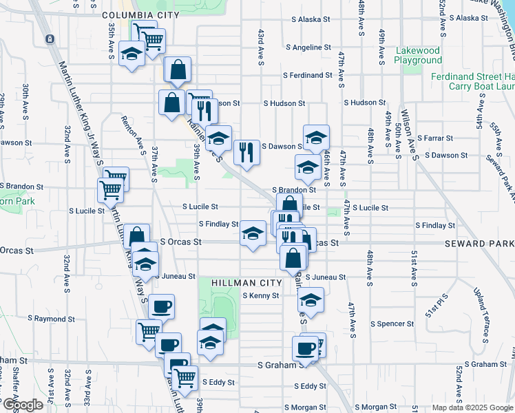 map of restaurants, bars, coffee shops, grocery stores, and more near 4220 South Lucile Street in Seattle