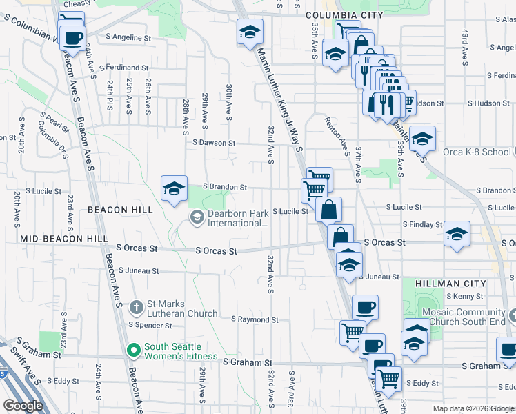 map of restaurants, bars, coffee shops, grocery stores, and more near 5415 32nd Avenue South in Seattle