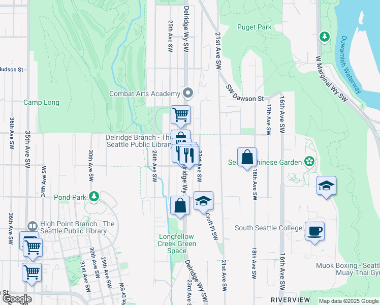map of restaurants, bars, coffee shops, grocery stores, and more near 5420 Delridge Way Southwest in Seattle