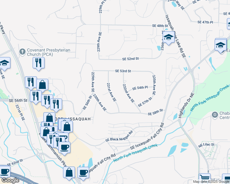 map of restaurants, bars, coffee shops, grocery stores, and more near 5504 231st Avenue Southeast in Issaquah