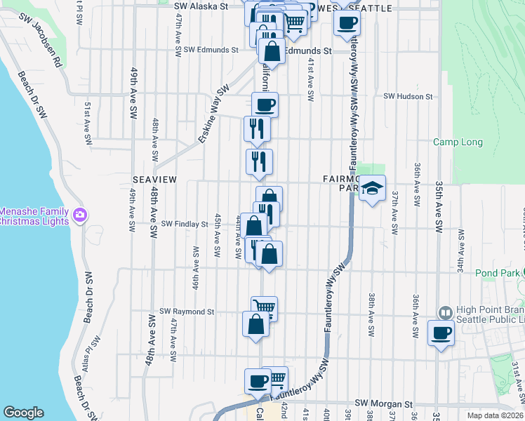 map of restaurants, bars, coffee shops, grocery stores, and more near 5439 California Avenue Southwest in Seattle