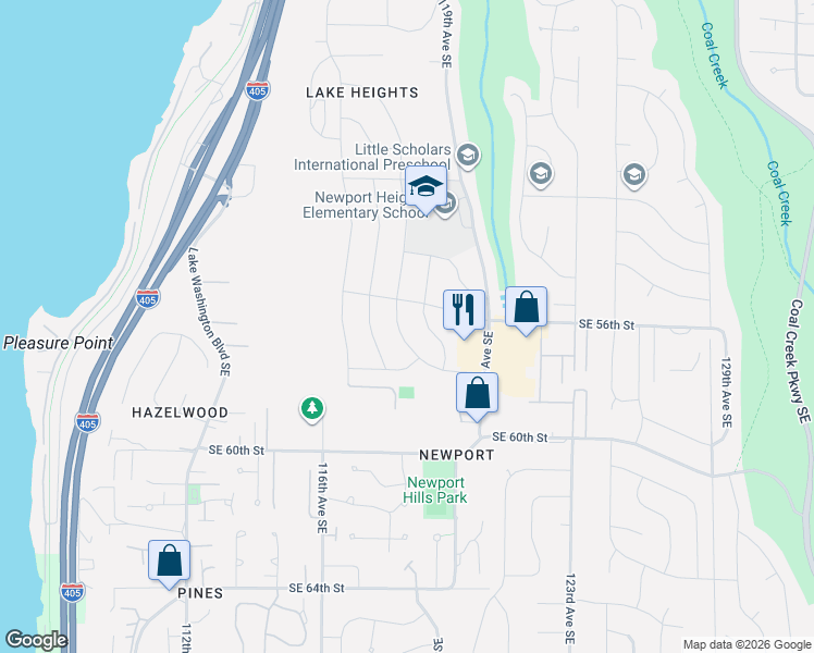 map of restaurants, bars, coffee shops, grocery stores, and more near 5614 117th Avenue Southeast in Bellevue