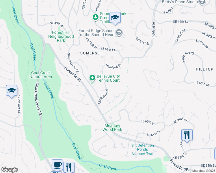 map of restaurants, bars, coffee shops, grocery stores, and more near 5555 Highland Drive in Bellevue
