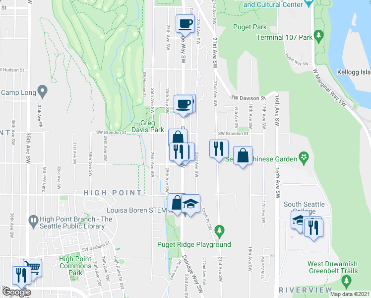 map of restaurants, bars, coffee shops, grocery stores, and more near 5420 Delridge Way Southwest in Seattle