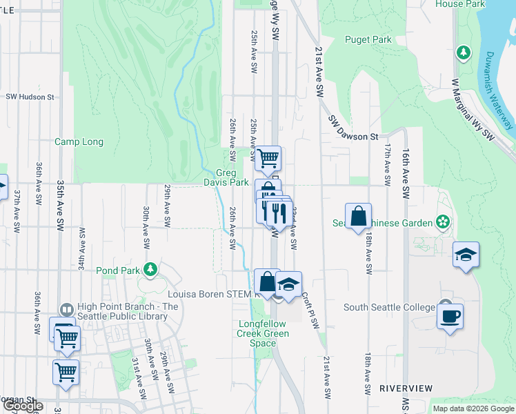 map of restaurants, bars, coffee shops, grocery stores, and more near 5424 25th Avenue Southwest in Seattle