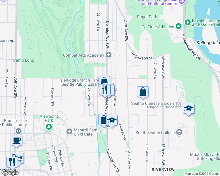 map of restaurants, bars, coffee shops, grocery stores, and more near 5428 Delridge Way Southwest in Seattle