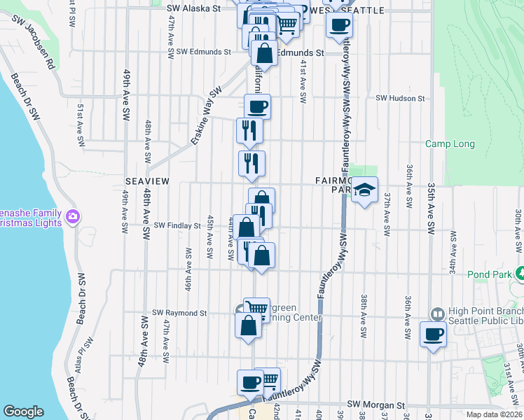 map of restaurants, bars, coffee shops, grocery stores, and more near 5430 California Avenue Southwest in Seattle