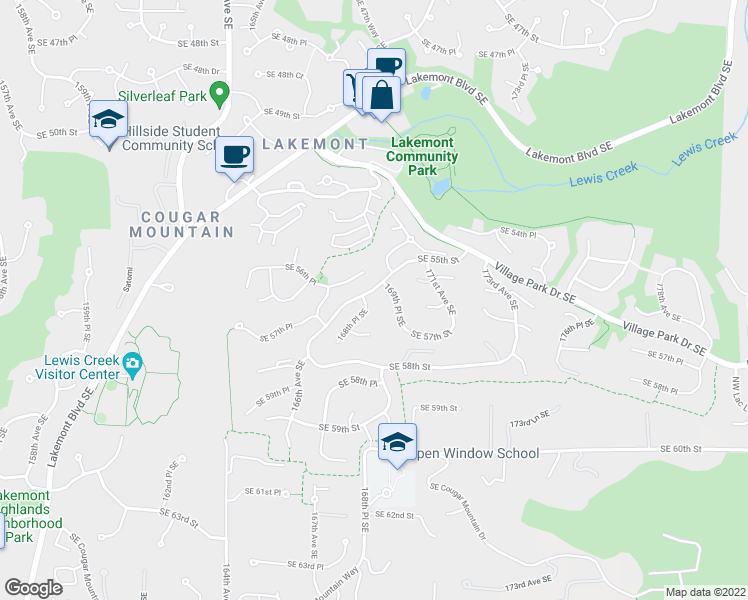 map of restaurants, bars, coffee shops, grocery stores, and more near 5562 168th Place Southeast in Bellevue