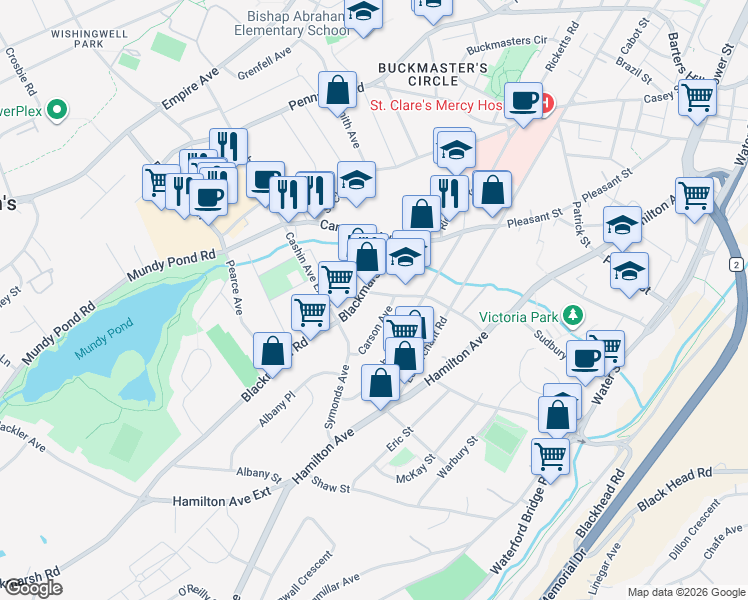 map of restaurants, bars, coffee shops, grocery stores, and more near 61 Bennett Avenue in St. John's