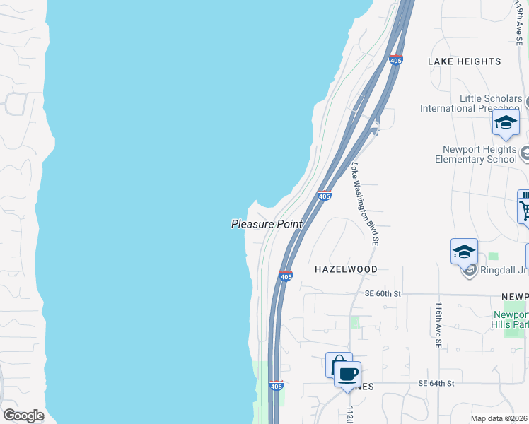 map of restaurants, bars, coffee shops, grocery stores, and more near 5632 Pleasure Point Lane Southeast in Bellevue