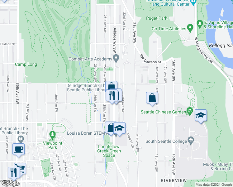 map of restaurants, bars, coffee shops, grocery stores, and more near 5420 Delridge Way Southwest in Seattle