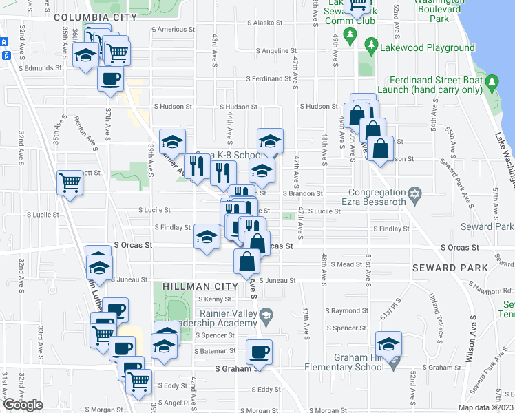 map of restaurants, bars, coffee shops, grocery stores, and more near 4536 South Lucile Street in Seattle