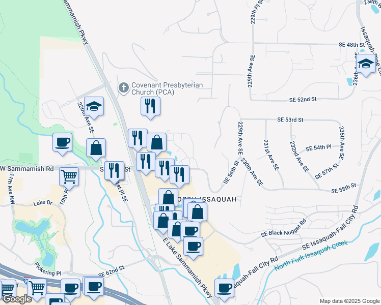 map of restaurants, bars, coffee shops, grocery stores, and more near 22500 Southeast 56th Street in Issaquah