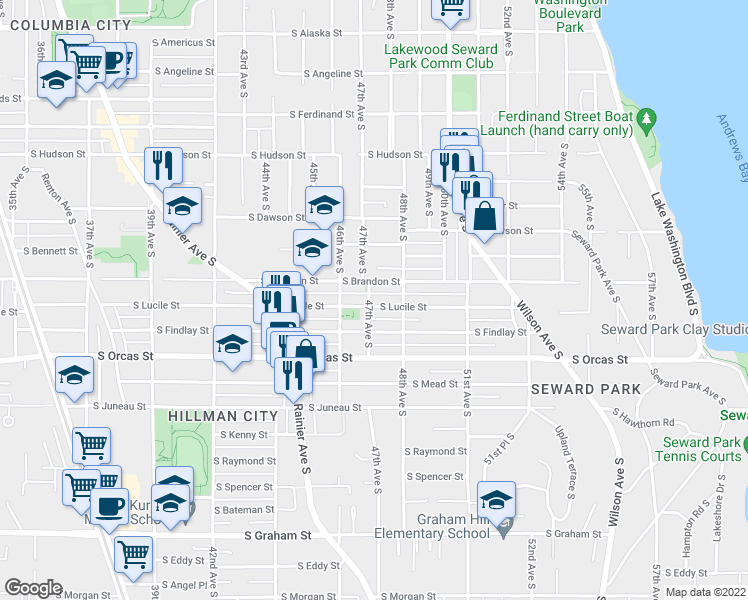 map of restaurants, bars, coffee shops, grocery stores, and more near 4703 South Brandon Street in Seattle