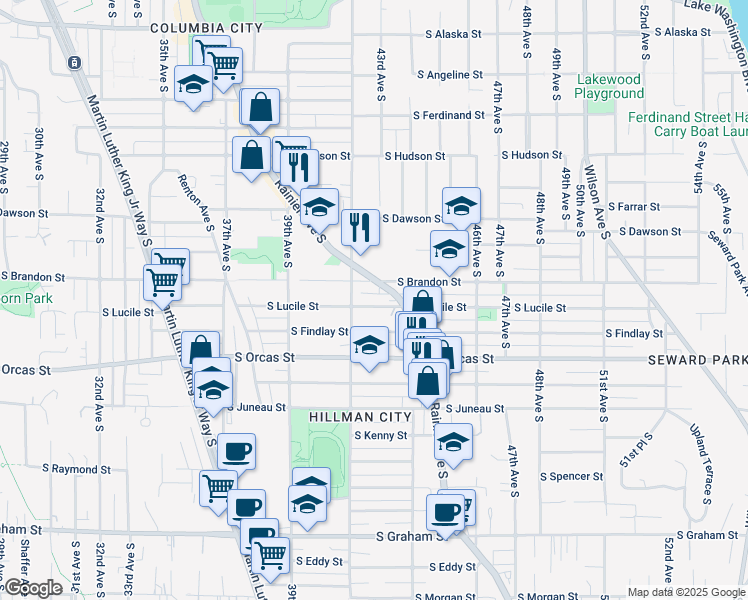 map of restaurants, bars, coffee shops, grocery stores, and more near 4220 South Lucile Street in Seattle