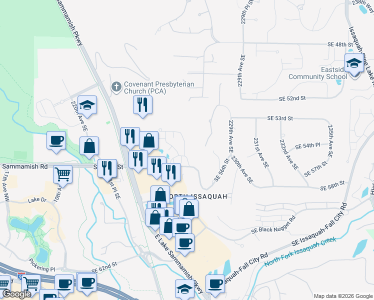 map of restaurants, bars, coffee shops, grocery stores, and more near 22500 Southeast 56th Street in Issaquah