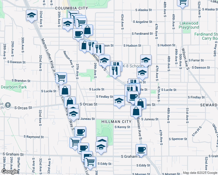 map of restaurants, bars, coffee shops, grocery stores, and more near 3946 South Lucile Street in Seattle