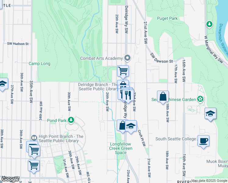 map of restaurants, bars, coffee shops, grocery stores, and more near 5427 25th Avenue Southwest in Seattle