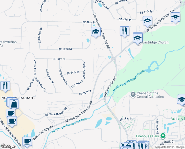 map of restaurants, bars, coffee shops, grocery stores, and more near 23633 Southeast Summerhill Lane in Issaquah