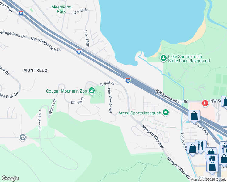 map of restaurants, bars, coffee shops, grocery stores, and more near 2744 Northwest Pine Cone Place in Issaquah