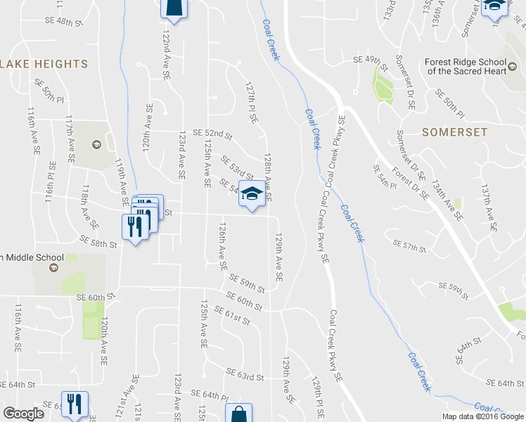 map of restaurants, bars, coffee shops, grocery stores, and more near 5419 128th Avenue Southeast in Bellevue