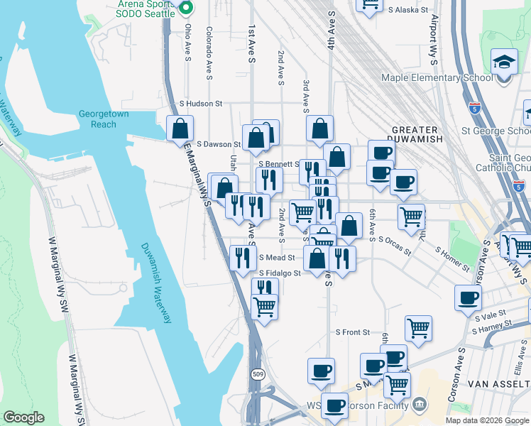 map of restaurants, bars, coffee shops, grocery stores, and more near 5516 1st Avenue South in Seattle