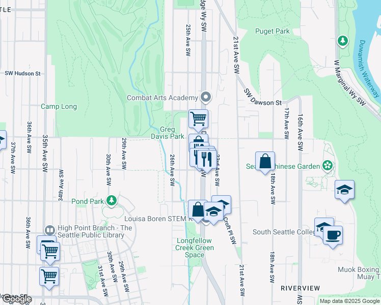 map of restaurants, bars, coffee shops, grocery stores, and more near 5424 25th Avenue Southwest in Seattle