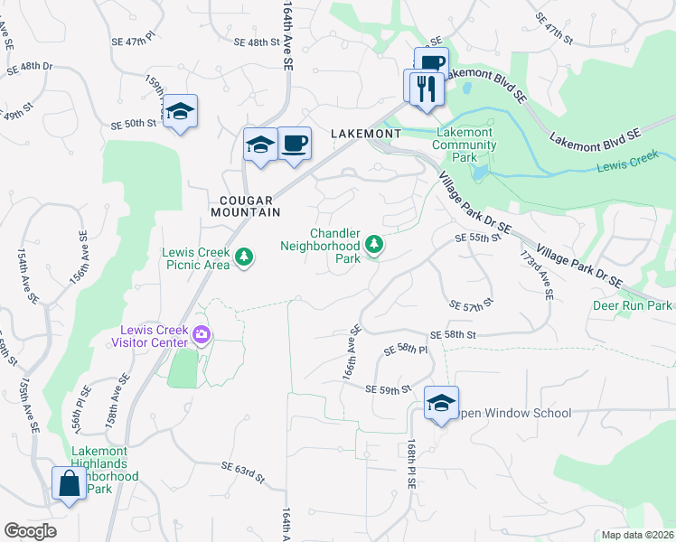 map of restaurants, bars, coffee shops, grocery stores, and more near 5624 165th Place Southeast in Bellevue