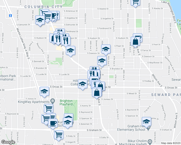 map of restaurants, bars, coffee shops, grocery stores, and more near 5418 Rainier Avenue South in Seattle