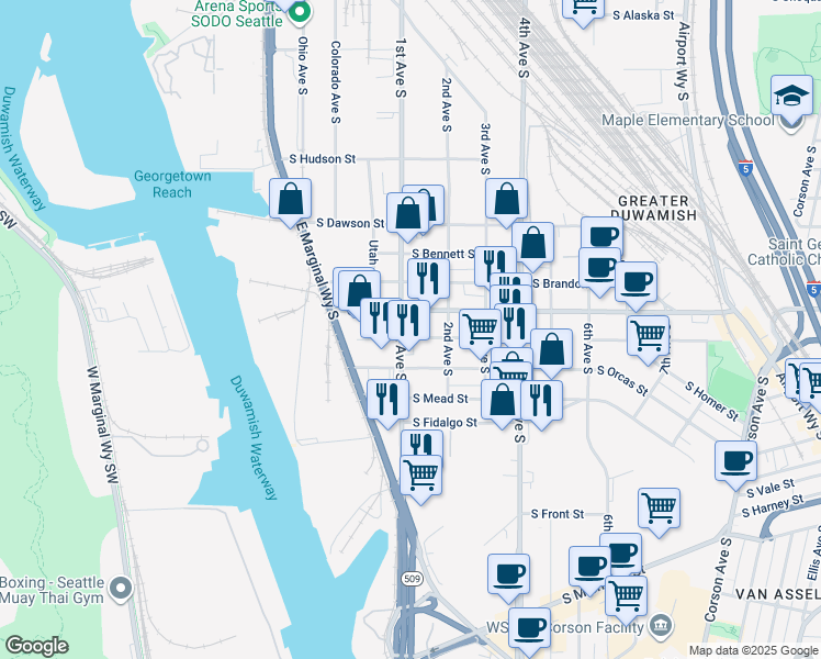 map of restaurants, bars, coffee shops, grocery stores, and more near 5516 1st Avenue South in Seattle