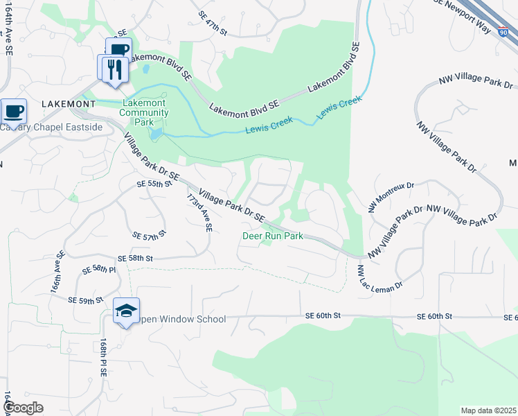 map of restaurants, bars, coffee shops, grocery stores, and more near 17529 Southeast 56th Street in Bellevue