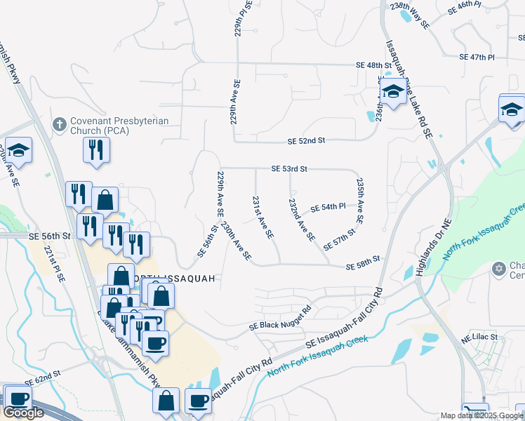 map of restaurants, bars, coffee shops, grocery stores, and more near 5504 231st Avenue Southeast in Issaquah