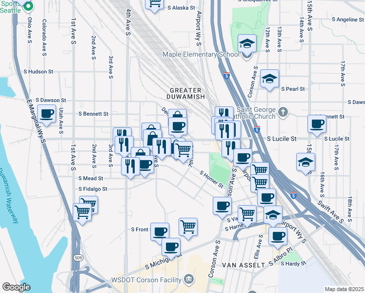 map of restaurants, bars, coffee shops, grocery stores, and more near 637 South Lucile Street in Seattle