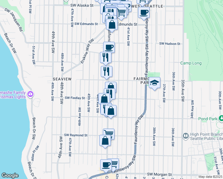 map of restaurants, bars, coffee shops, grocery stores, and more near 5430 California Avenue Southwest in Seattle