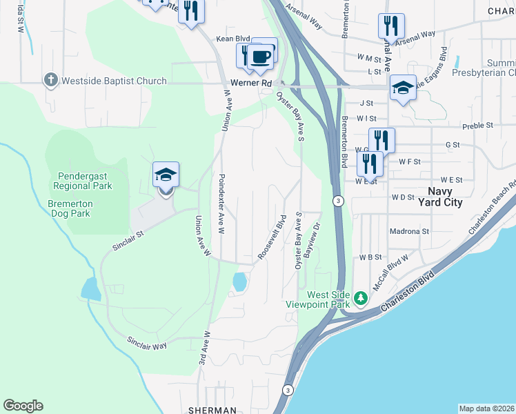 map of restaurants, bars, coffee shops, grocery stores, and more near 1216 Lansing Ave W in Bremerton