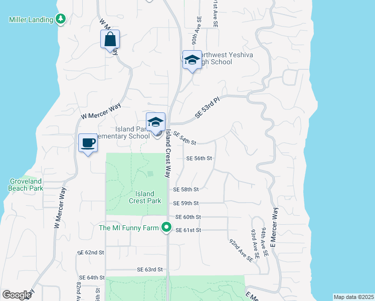 map of restaurants, bars, coffee shops, grocery stores, and more near 5410 89th Avenue Southeast in Mercer Island