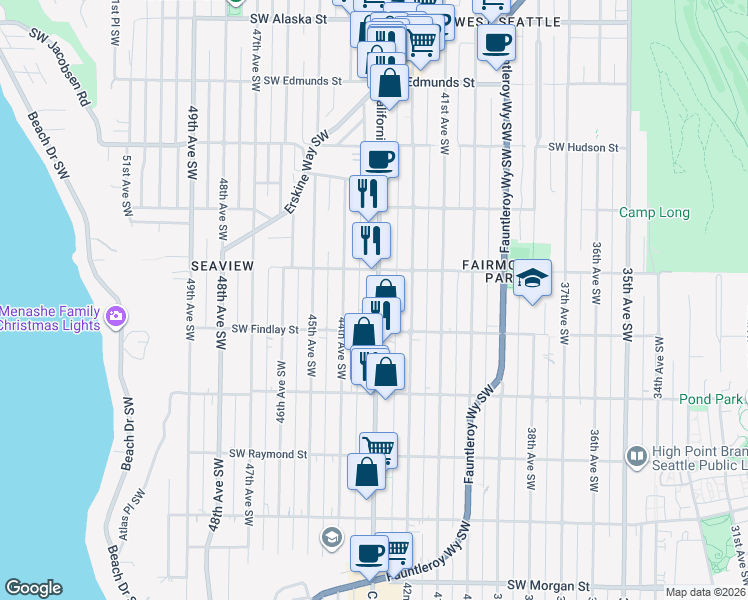 map of restaurants, bars, coffee shops, grocery stores, and more near 5430 California Avenue Southwest in Seattle