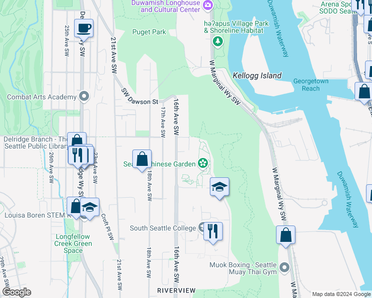 map of restaurants, bars, coffee shops, grocery stores, and more near 5421 15th Avenue Southwest in Seattle