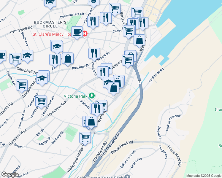 map of restaurants, bars, coffee shops, grocery stores, and more near 29 Patrick Street in St. John's