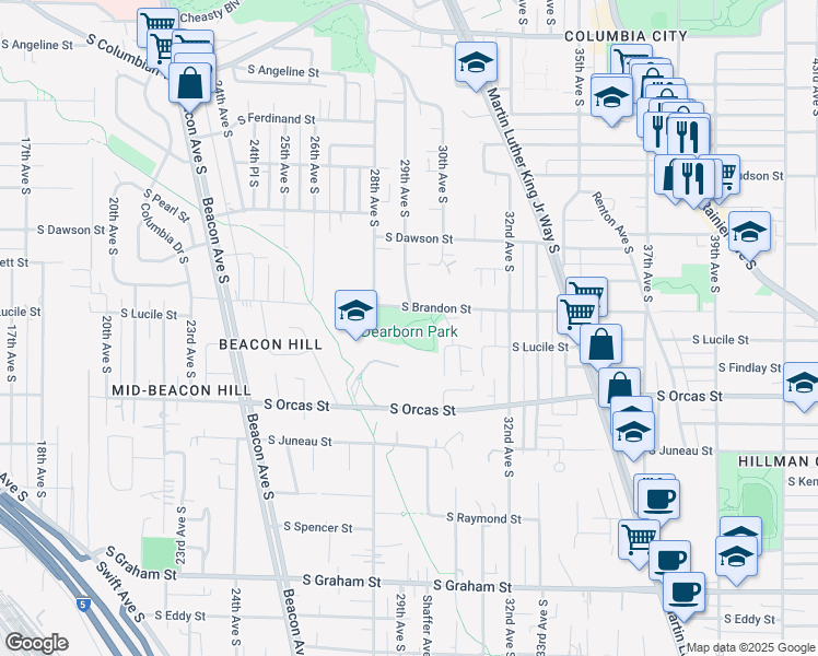 map of restaurants, bars, coffee shops, grocery stores, and more near 2919 South Brandon Street in Seattle