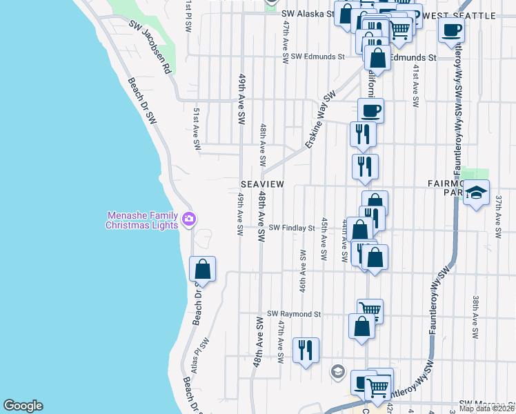 map of restaurants, bars, coffee shops, grocery stores, and more near 5431 48th Avenue Southwest in Seattle