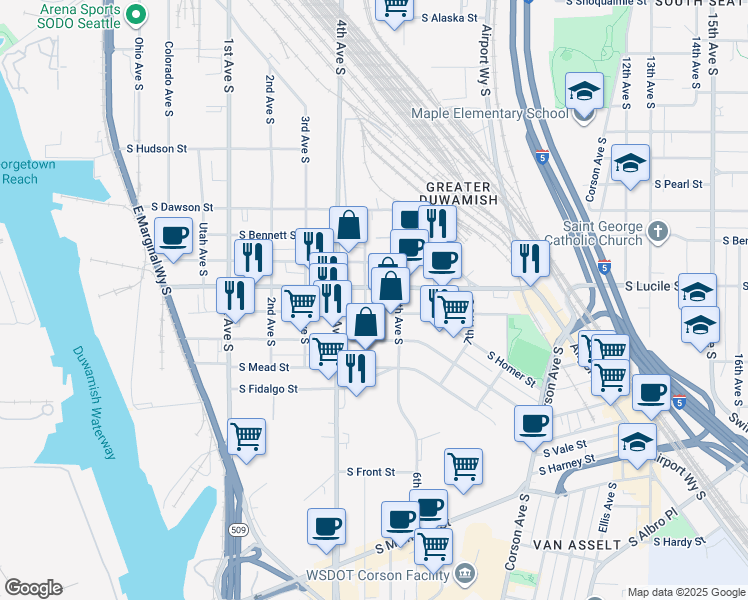 map of restaurants, bars, coffee shops, grocery stores, and more near 501 South Lucile Street in Seattle