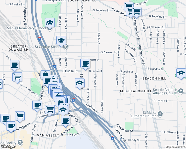 map of restaurants, bars, coffee shops, grocery stores, and more near 5511 17th Avenue South in Seattle