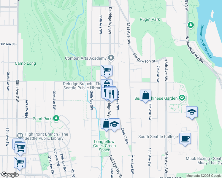 map of restaurants, bars, coffee shops, grocery stores, and more near 5420 Delridge Way Southwest in Seattle