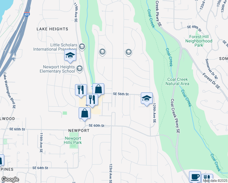 map of restaurants, bars, coffee shops, grocery stores, and more near 5512 123rd Avenue Southeast in Bellevue