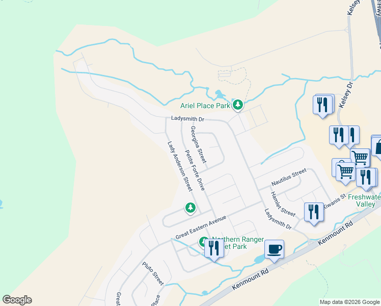 map of restaurants, bars, coffee shops, grocery stores, and more near 56 Petite Forte Drive in St. John's