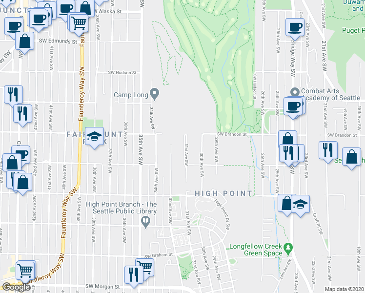 map of restaurants, bars, coffee shops, grocery stores, and more near 5423 31st Avenue Southwest in Seattle