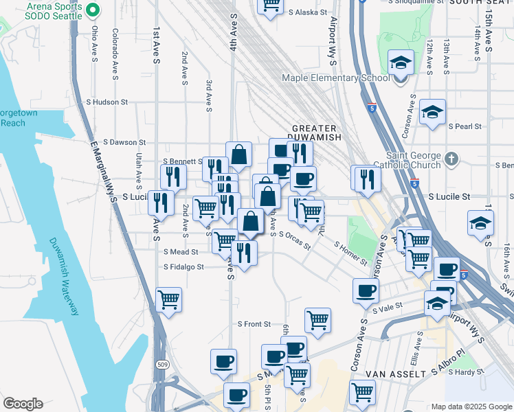 map of restaurants, bars, coffee shops, grocery stores, and more near 501 South Lucile Street in Seattle