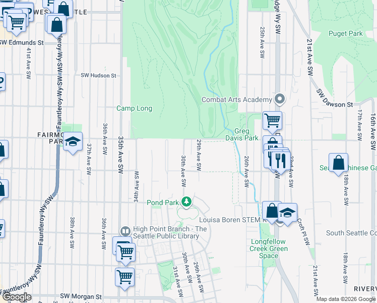 map of restaurants, bars, coffee shops, grocery stores, and more near 5422 30th Avenue Southwest in Seattle