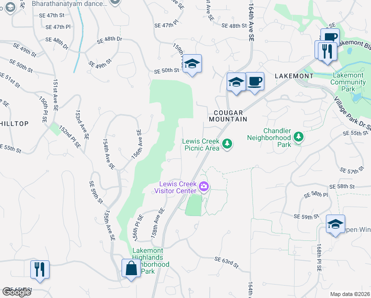 map of restaurants, bars, coffee shops, grocery stores, and more near 5546 159th Place Southeast in Bellevue